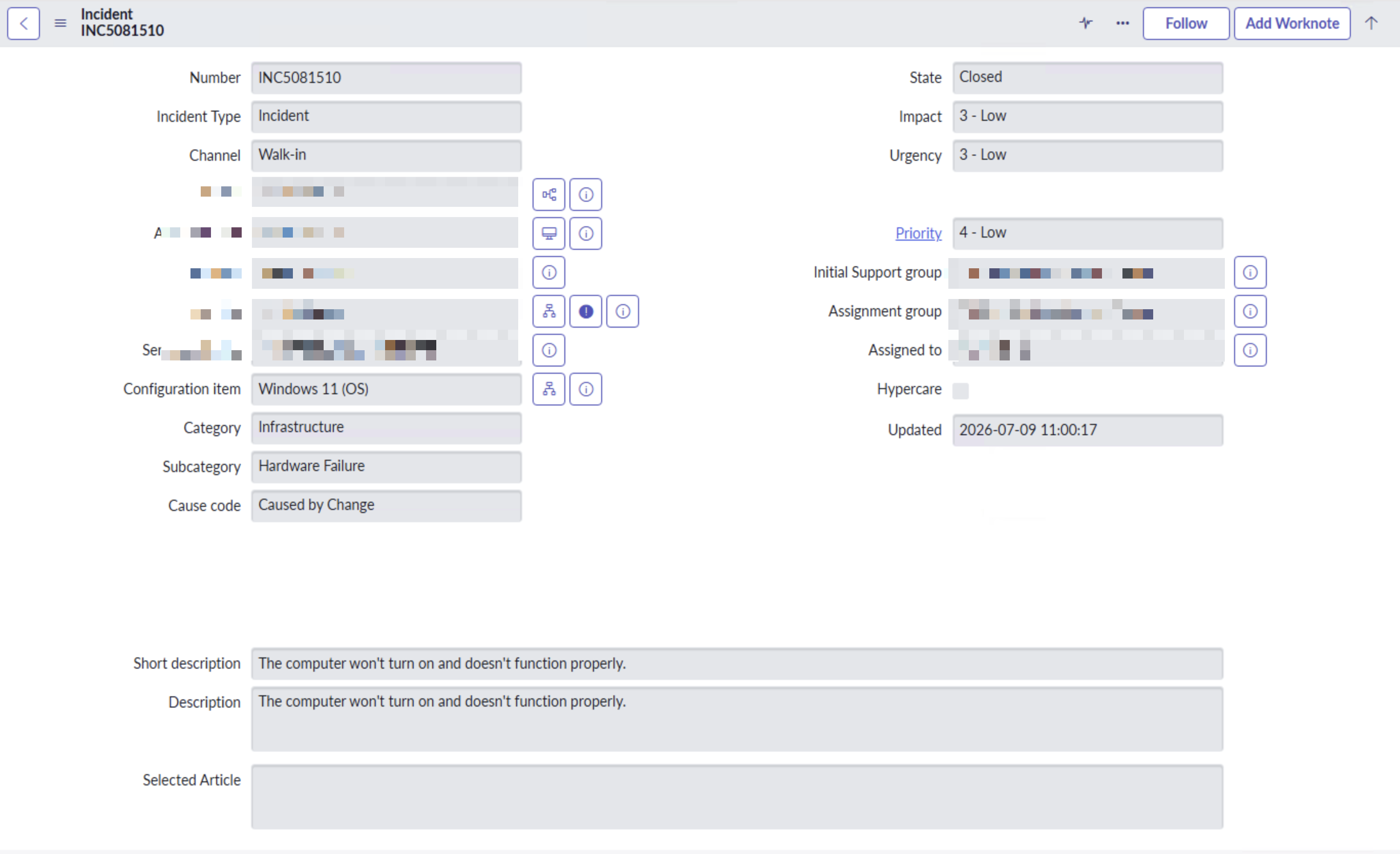 Sanitized IT service ticket example for desktop support documentation