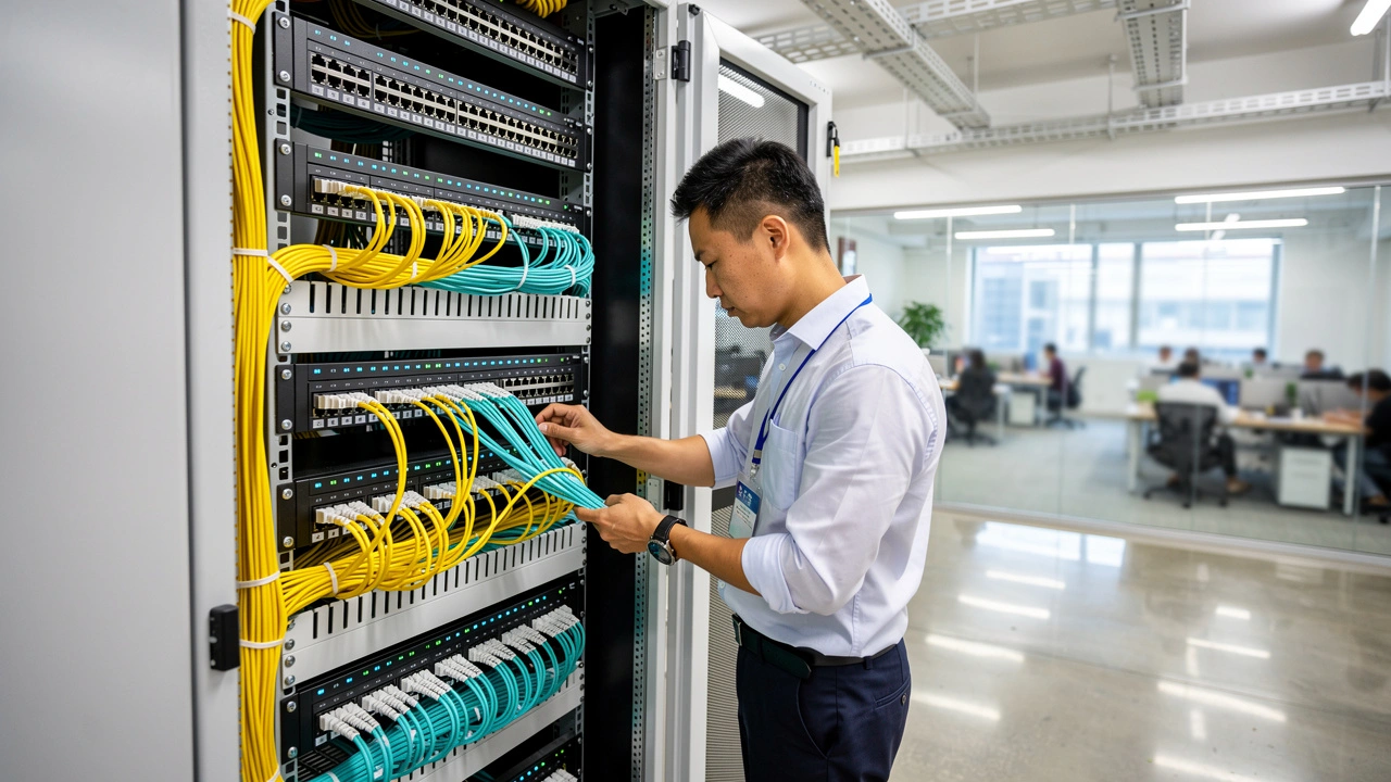 China field engineer working on network rack cabling
